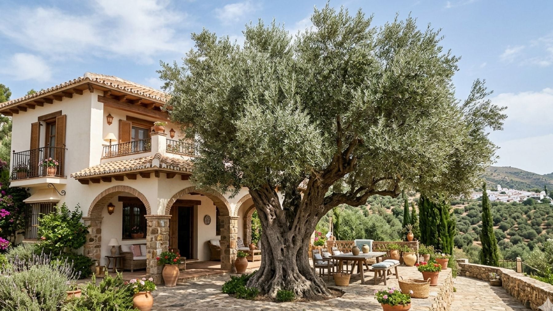 Recreación artística de un olivo en un chalet. Foto: elaboración propia con IA