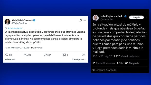 Mensaje publicado por Vidal-Quadras tras la noticia sobre su reuni&oacute;n publicada por OKDIARIO y respuesta de  Espinosa de los Monteros, que borrar&iacute;a poco despu&eacute;s