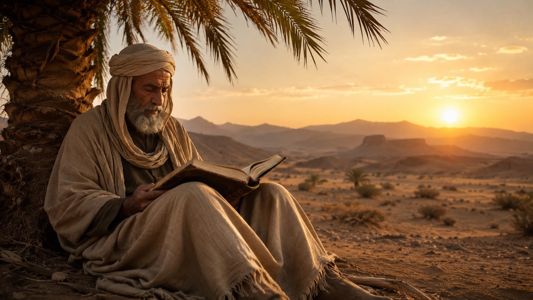 Recreación de un anciano árabe leyendo un libro antiguo bajo una palmera en el desierto.