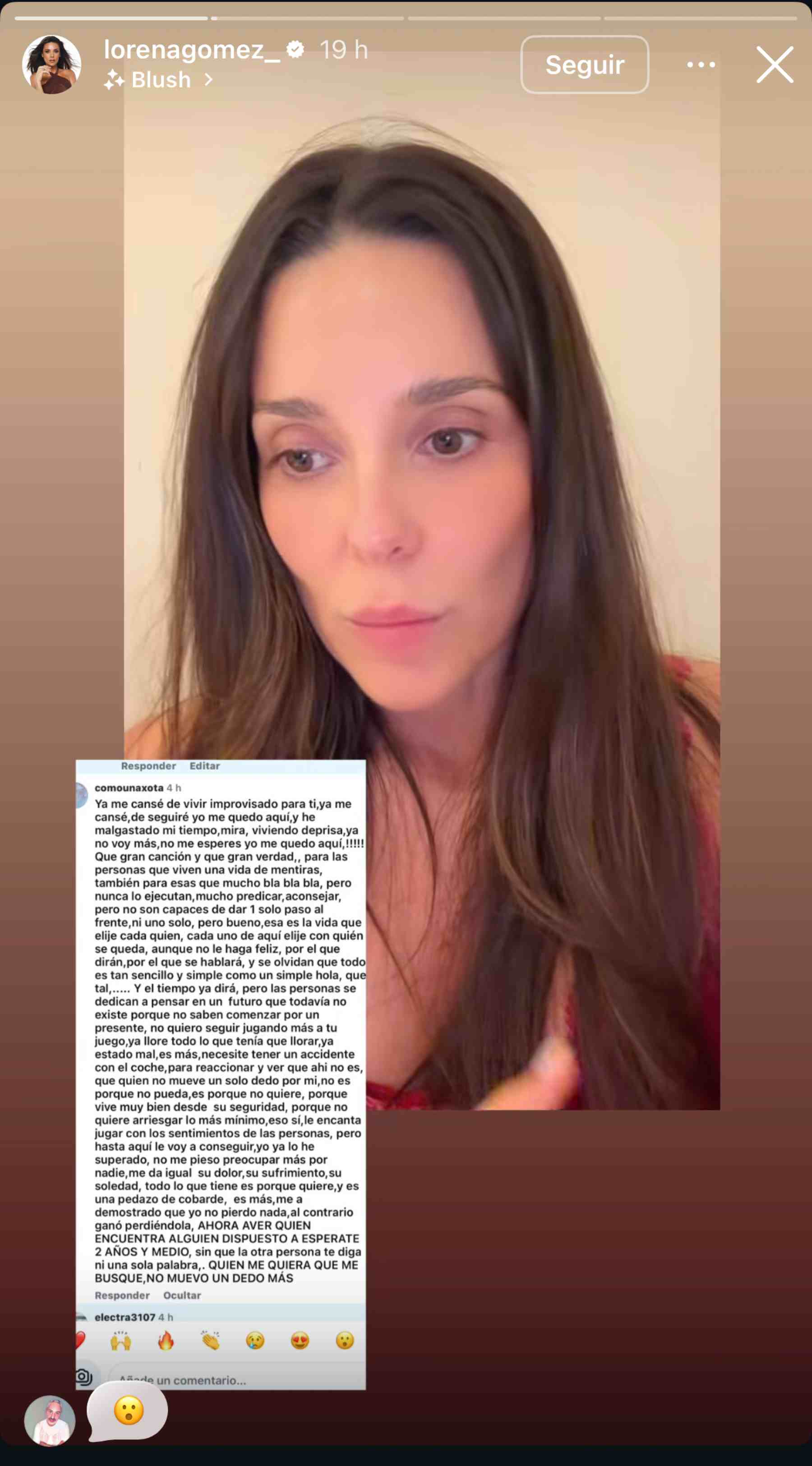 Lorena G&oacute;mez en sus stories de Instagram. (Foto: RRSS)