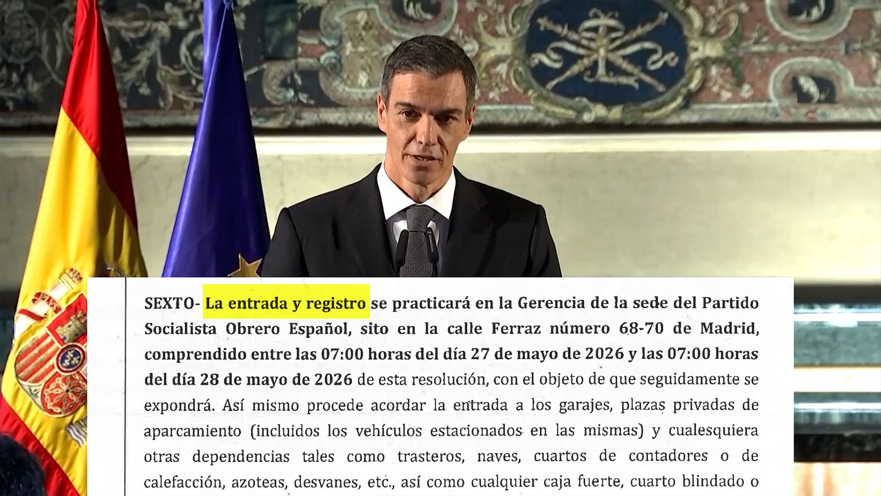 El auto del juez desmiente el bulo de Sánchez y el PSOE: Autorizo la entrada y registro