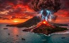 sonido, volcán Krakatoa en Indonesia. Imagen generada con IA.