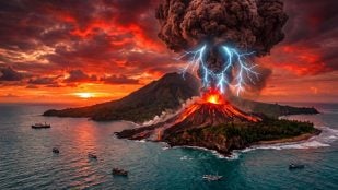 sonido, volcán Krakatoa en Indonesia. Imagen generada con IA.