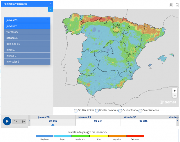 Mapa de predicción de incendios de AEMET.