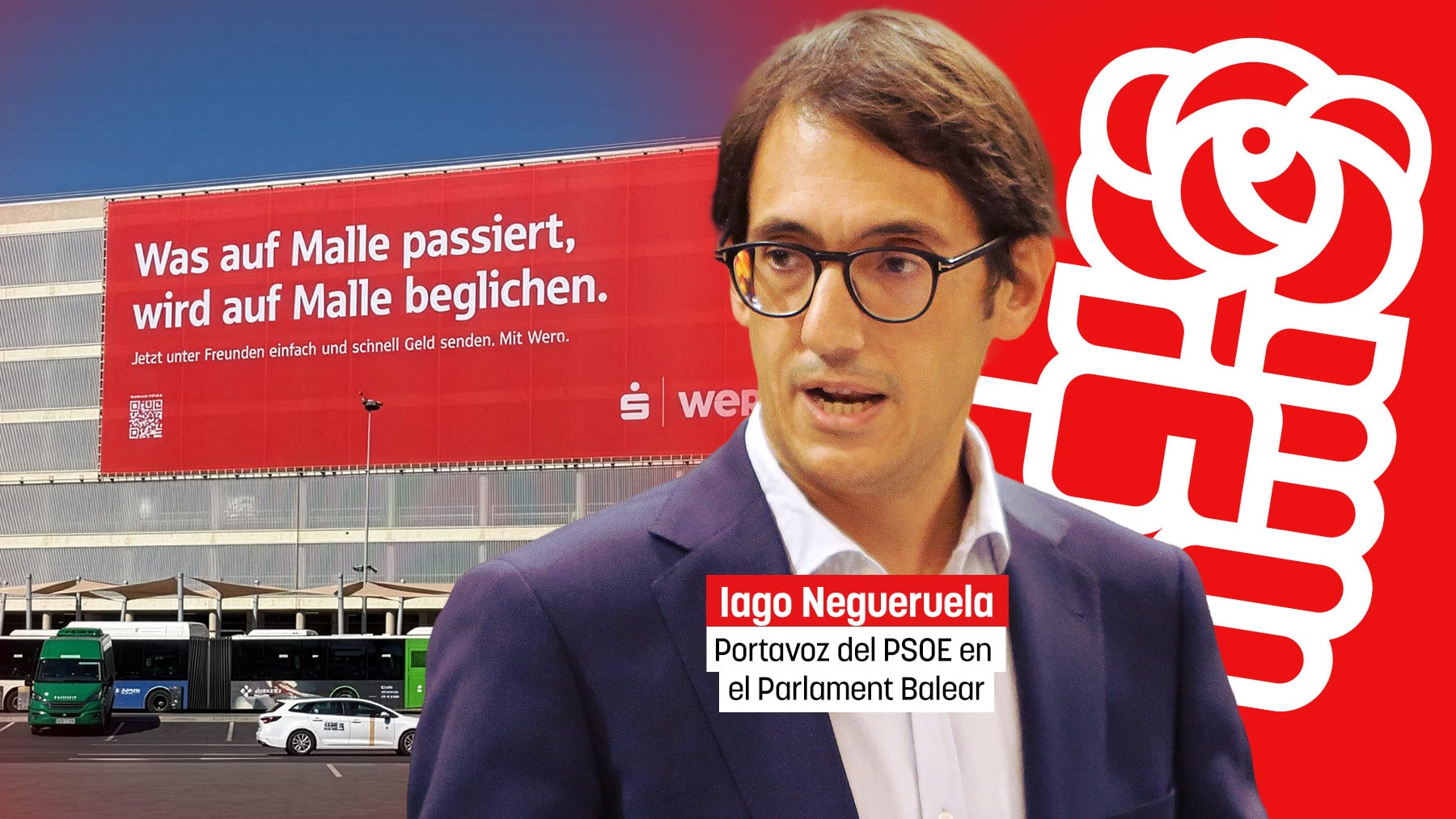 Silencio cómplice del PSOE con la pancarta proturismo de borrachera de Aena en el aeropuerto de Palma