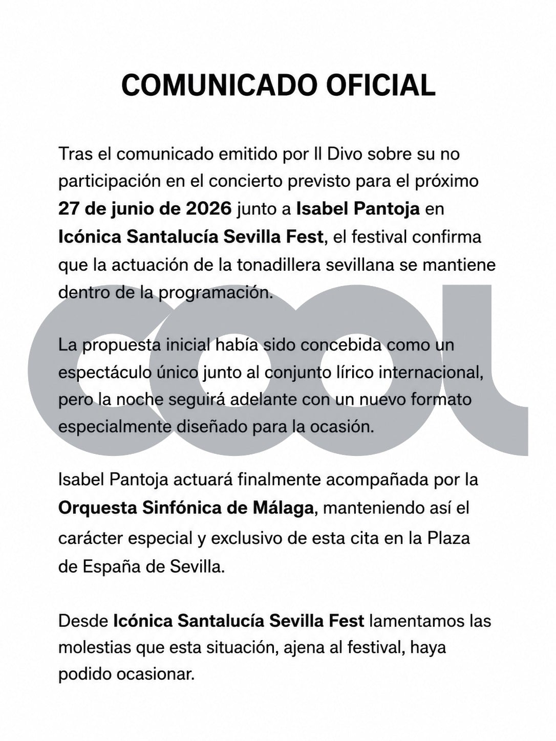 Comunicado de Icónica Sevilla Fest. (Foto: COOL)
