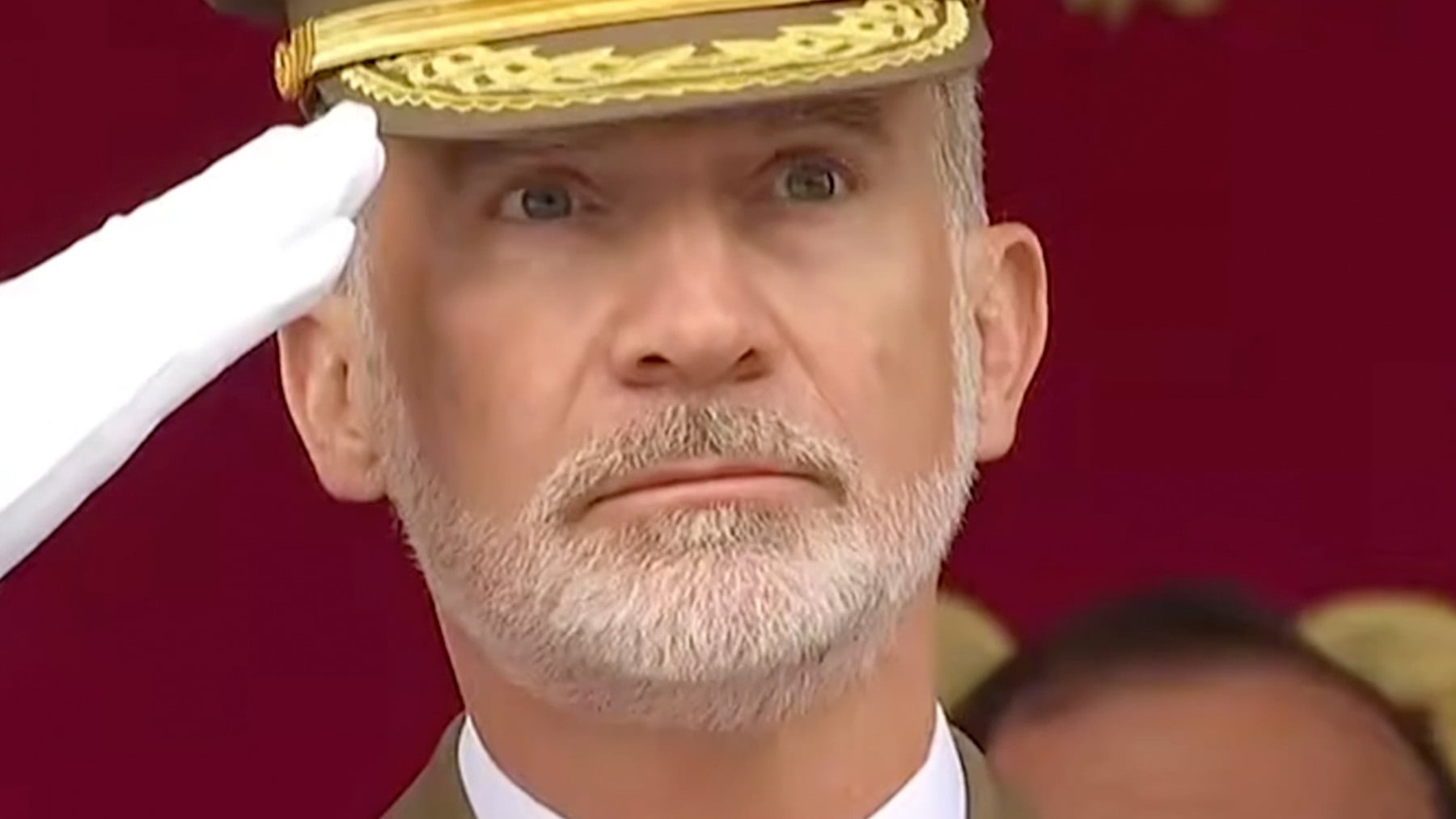La cara y los gestos del Rey al ver que la bandera se caía durante la izada