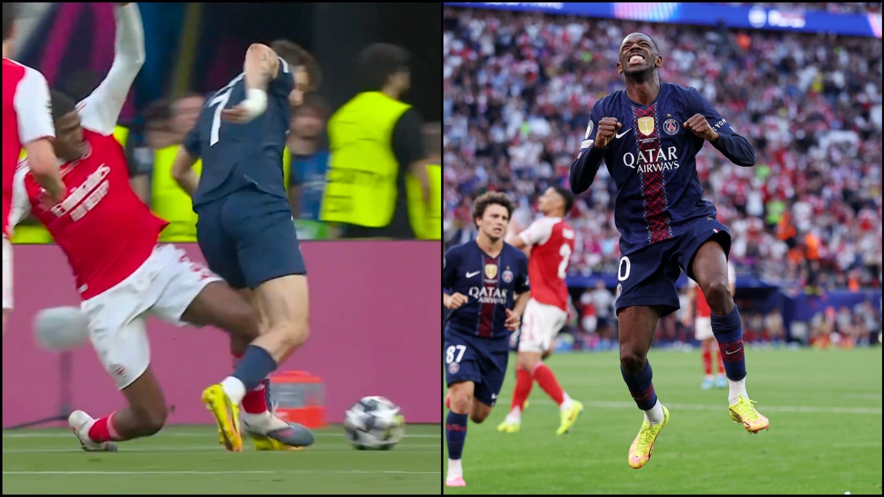 El penalti de Mosquera y la celebración de Dembélé. (Movistar/Getty)