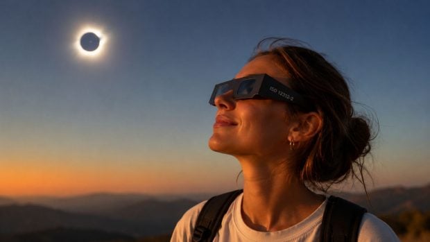 Mujer contemplando el eclipse con gafas homologadas. Generado por IA.