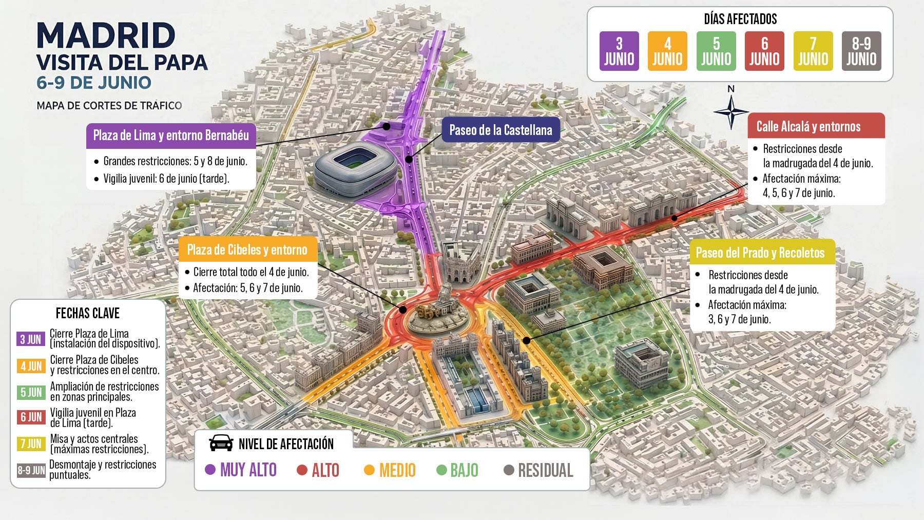 Mapa de los cortes de tráfico en Madrid por la visita del Papa: calles afectadas, cambios en la EMT y autobuses gratis