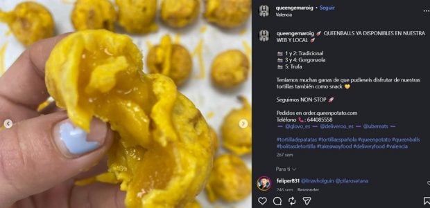 Captura de una imagen de la empresa de tortilla de Gema, de MasterChef, promocionando la bolas de tortilla de patata (Instagram).