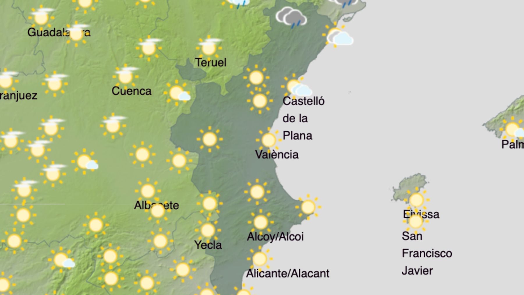 El mapa del tiempo en la Comunidad Valenciana. (Foto: AEMET)