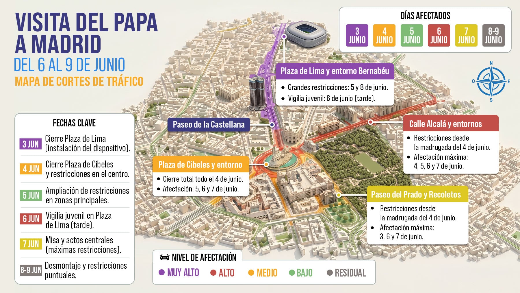 Mapa de los cortes de tráfico en Madrid por la visita del Papa: calles afectadas, cambios en la EMT y autobuses gratis