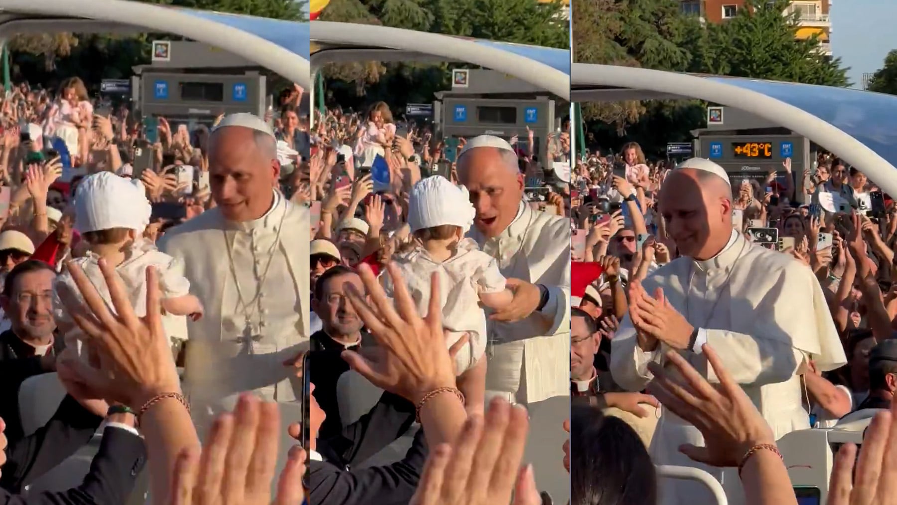 León XIV bendice a una multitud de bebés durante su recorrido en papamóvil por Madrid