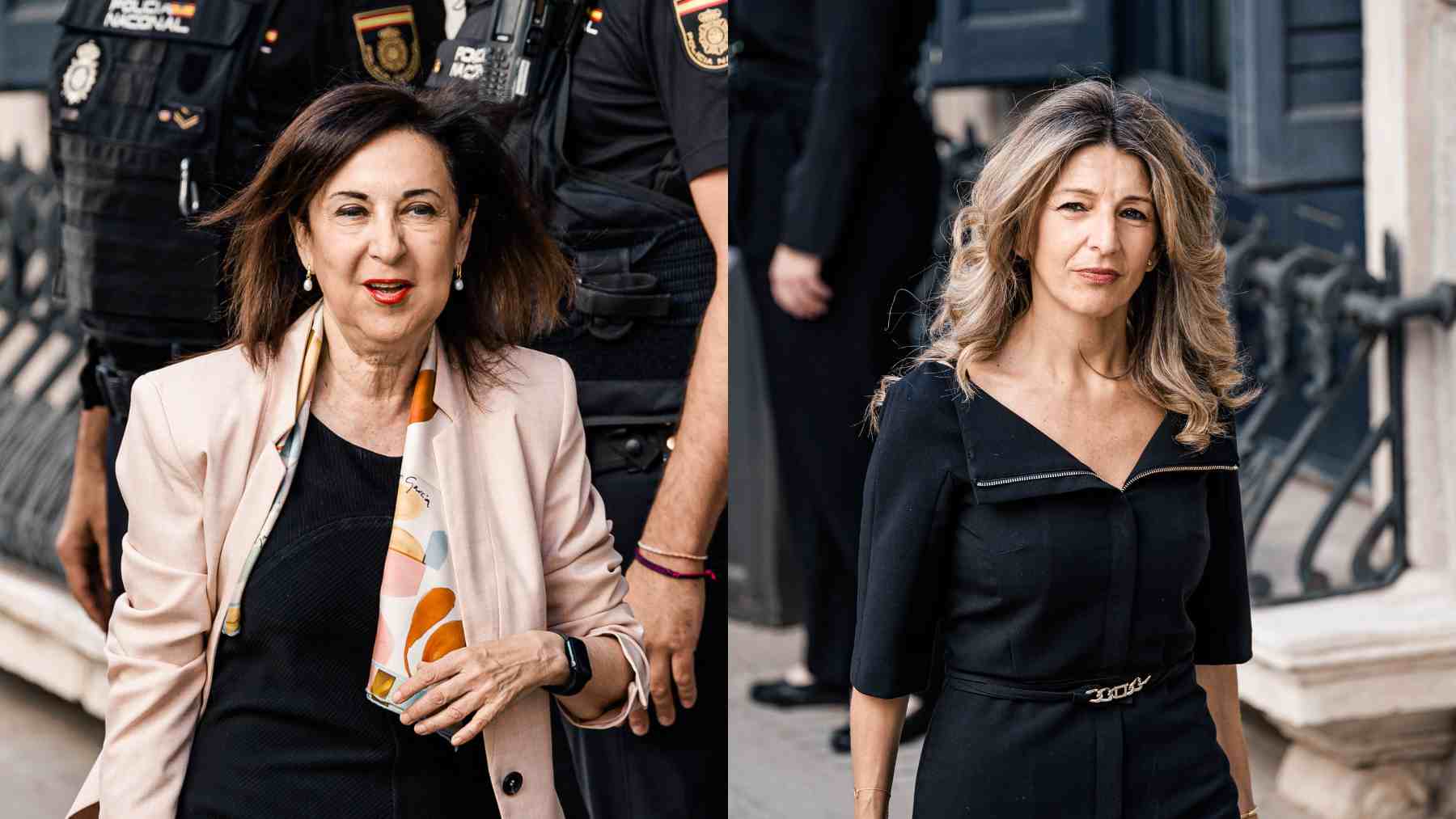 Margarita Robles y Yolanda Díaz a su llegada al Congreso. (Foto: Europa Press)