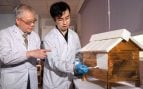 Zeng Yijun, doctorando del Departamento de Ingeniería Mecánica de la CityUHK, aplica .la pintura BRIDGE Skin sobre una maqueta edilicia en el laboratorio, junto al profesor Lee Duu-Jong, director del JC STEM Lab of Circular Bio-economy. Foto: Universidad de la ciudad de Hong Kong.