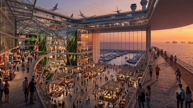 Recreación del interior de la primera ciudad flotante del planeta (Imagen hecha con IA)