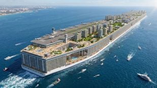 Recreación de la primera ciudad flotante del planeta: casi 1,6 kilómetros de largo y 80.000 personas a bordo (Imagen creada con IA)