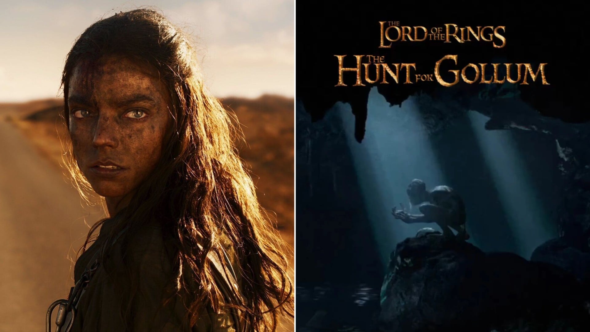 Anya Taylor-Joy en ‘Furiosa’ (Warner) y el póster de ‘La caza de Gollum’ (Warner/ New Line Pictures).