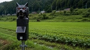 Robots lobo en agricultura, Japón usa robot-lobo para espantar osos, robots lobo en agricultura, espantapájaros para osos en Japón.