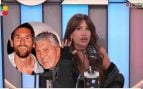 Florencia Peña en Luzu TV junto a una imagen de Leo Messi y su padre Jorge Messi (Luzu TV/Redes sociales).