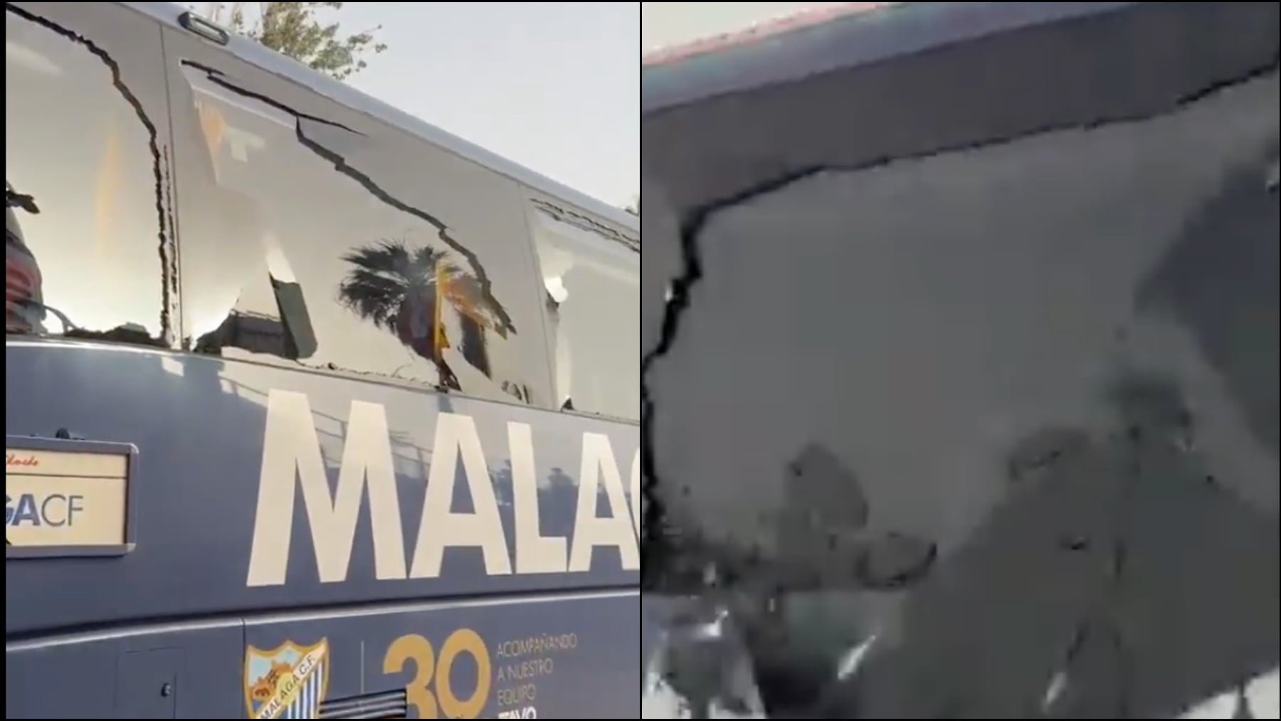 Lamentable: destrozan a pedradas el autobús del Málaga y la final del ascenso contra el Almería se retrasa media hora