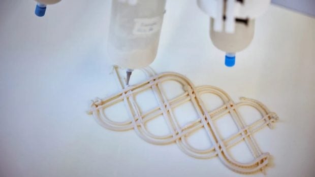 La levadura de panader&iacute;a, las fibras de celulosa, el alginato, el glicerol y el agua se mezclan en una especie de hidrogel, un material gelatinoso impreso en 3D. Foto: Universidad Tecnol&oacute;gica de Chalmers 