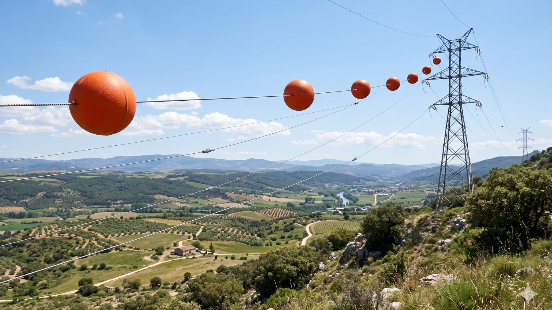 Imagen bolas naranjas tendido eléctrico. Imagen generada por IA.