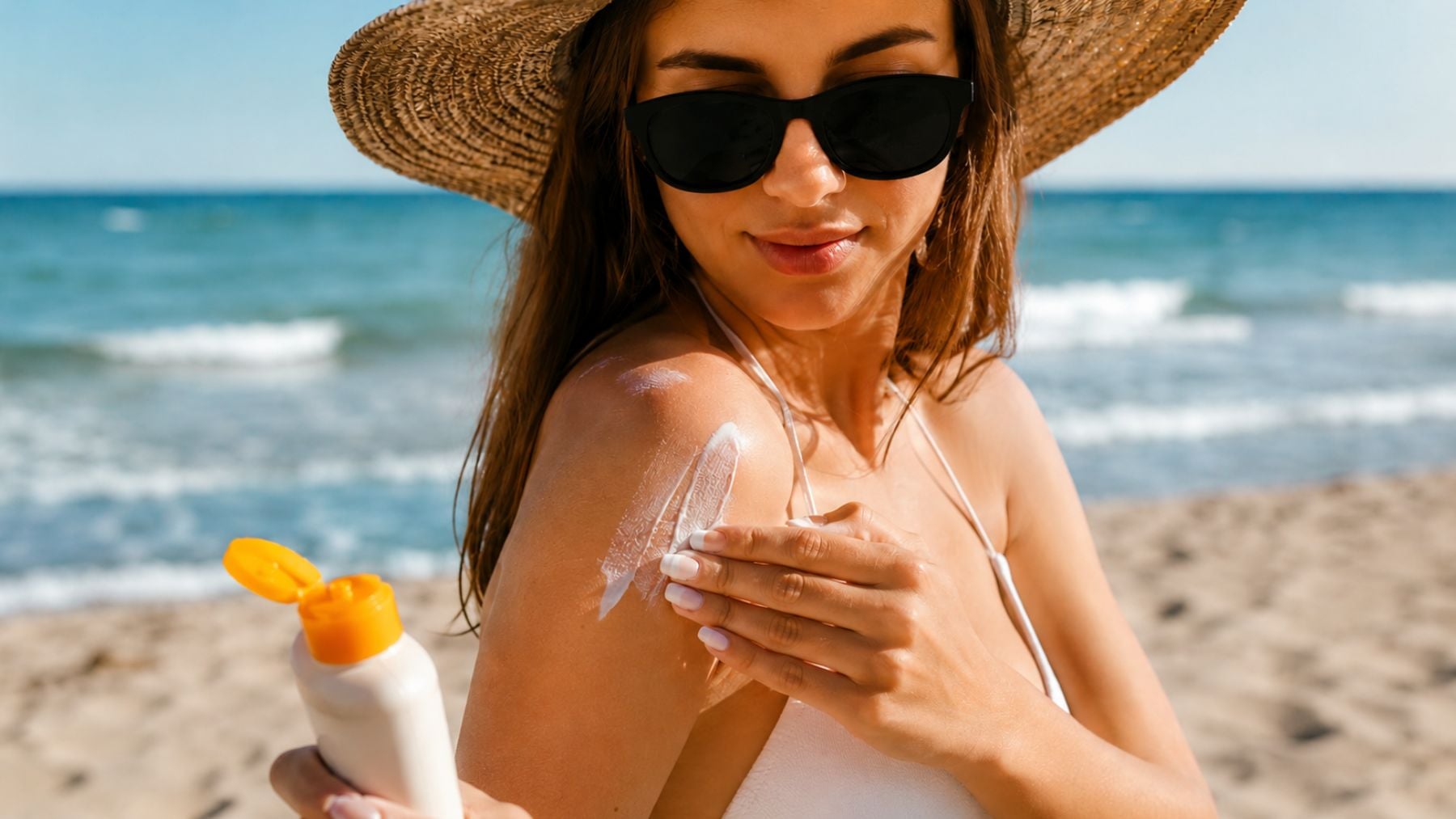 Mujer protegiéndose del sol. Generado por IA.