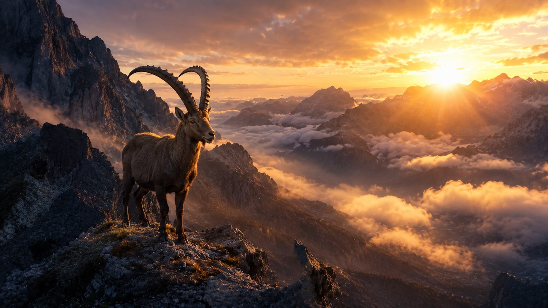 Rebeco en un paisaje de alta montaña del Pirineo al amanecer.
