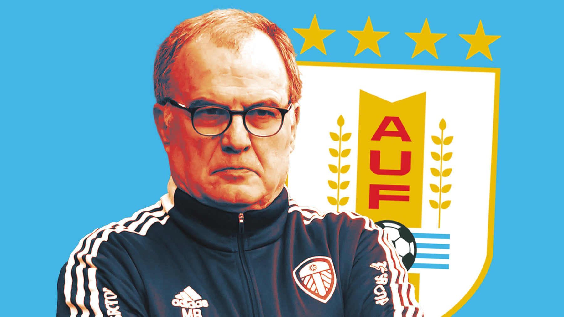 Bielsa y el escudo de la selección uruguaya.