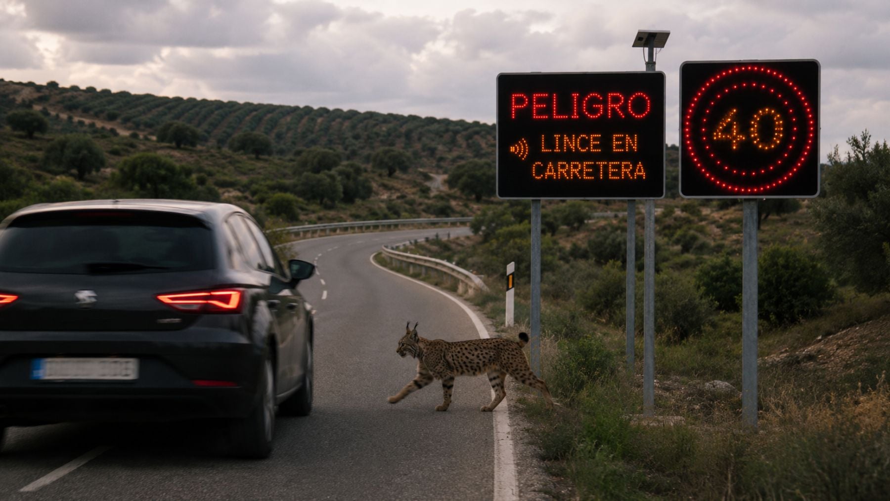El lince es uno de los animales salvajes más afectados por los atropellos. Generado por IA.