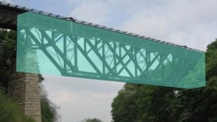 Puente de Lockport que pasa sobre el canal Erie cerca de Buffalo, Nueva York. Los investigadores del MIT imitaron esta estructura, resaltada en azul verdoso, y crearon múltiples diseños exclusivos. Foto: MIT