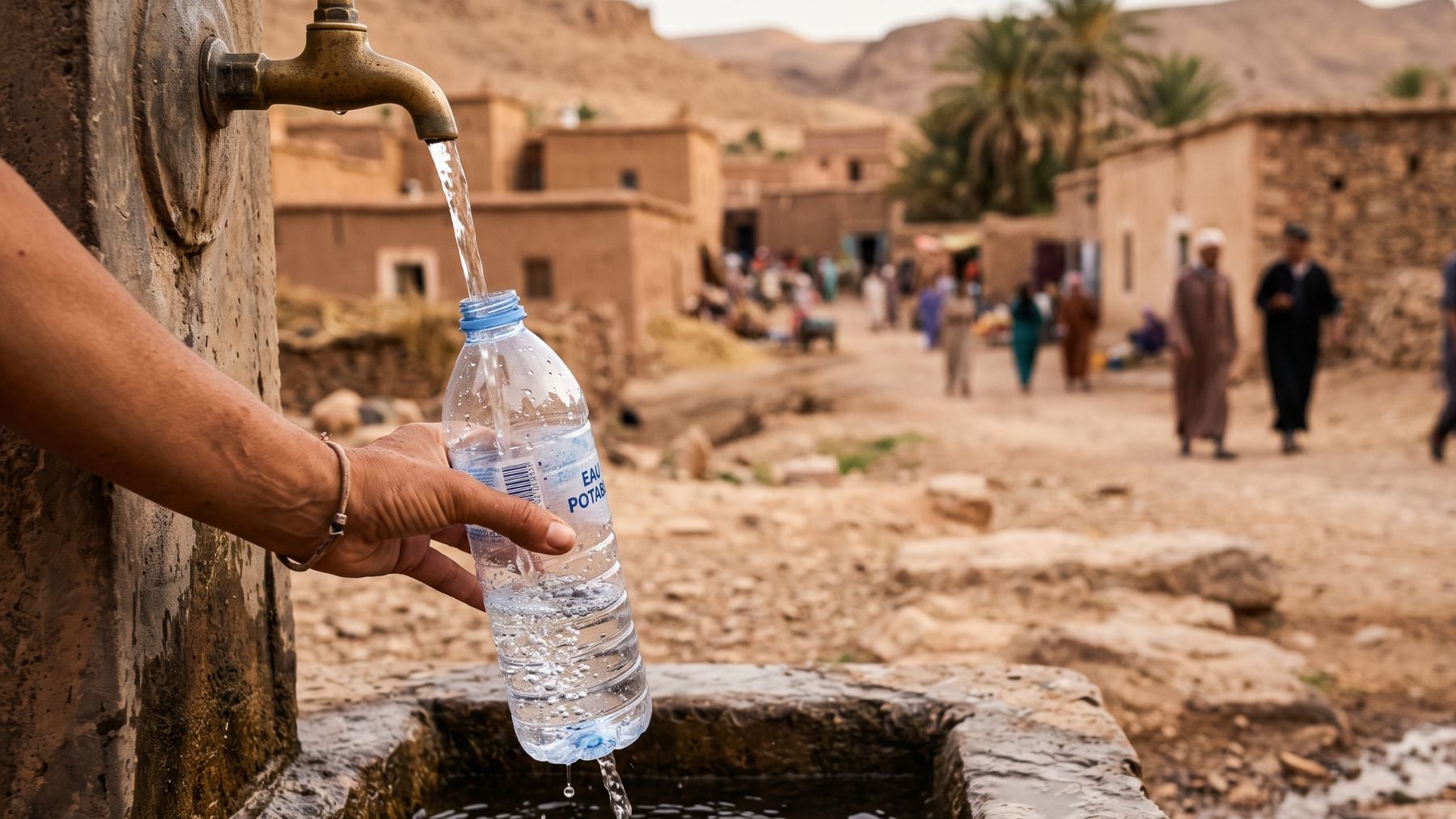 Persona llenando una botella de agua en una fuente. (Imagen generada por IA)