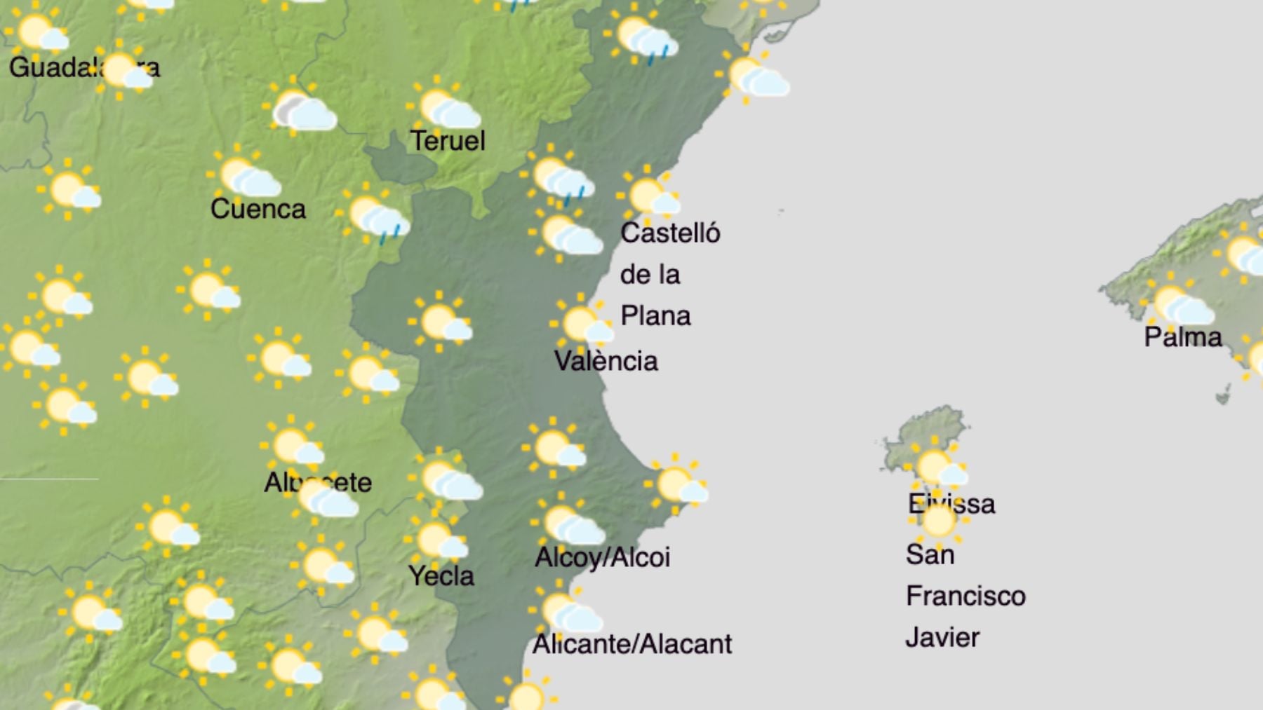 El mapa del tiempo en la Comunidad Valenciana. (Foto: AEMET)