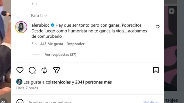 La respuesta de Alejandra Rubio a un comentario de Edmundo Arrocet sobre la familia Campos (Instagram).