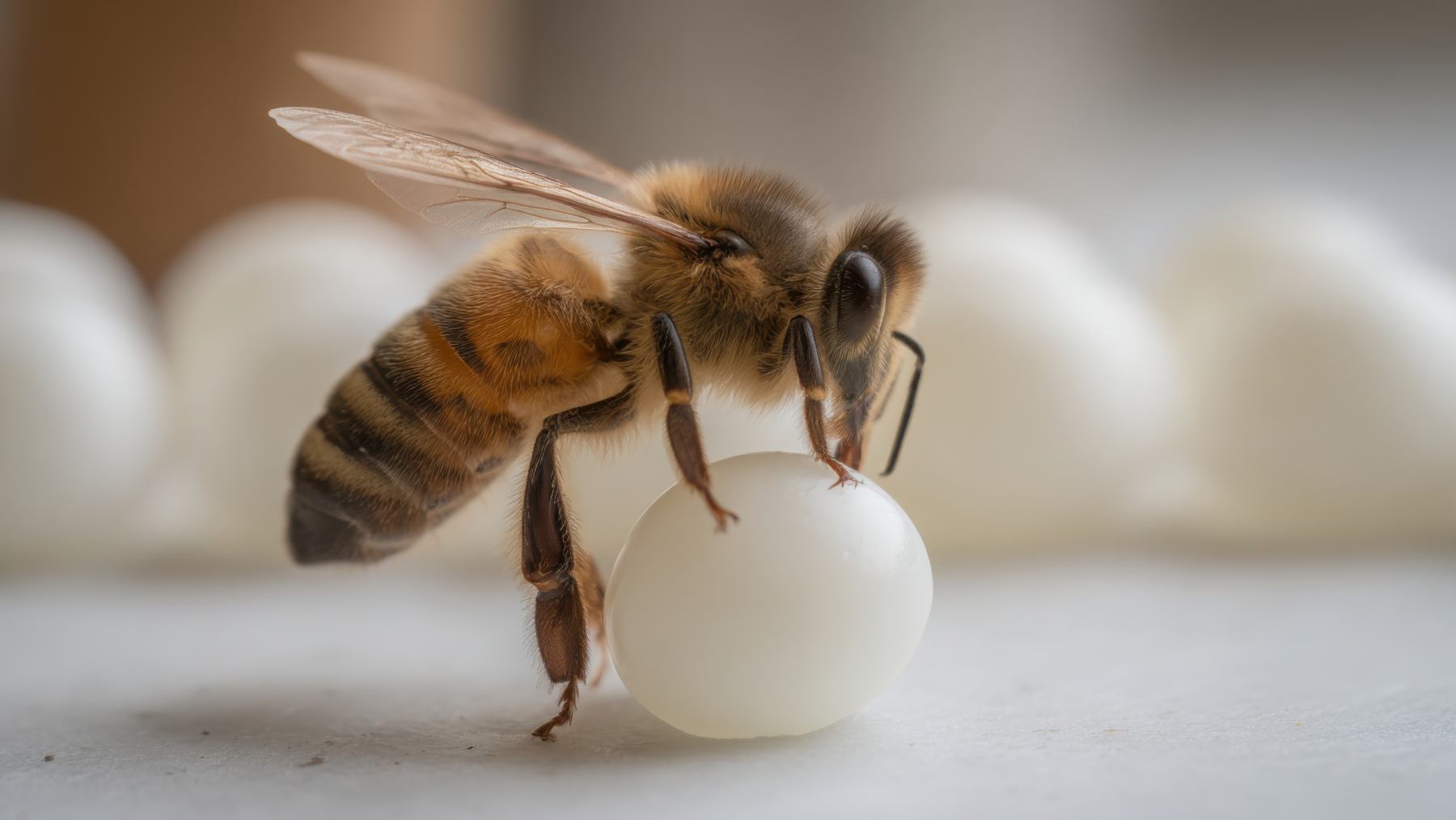 Recreación de una abeja con un huevo.