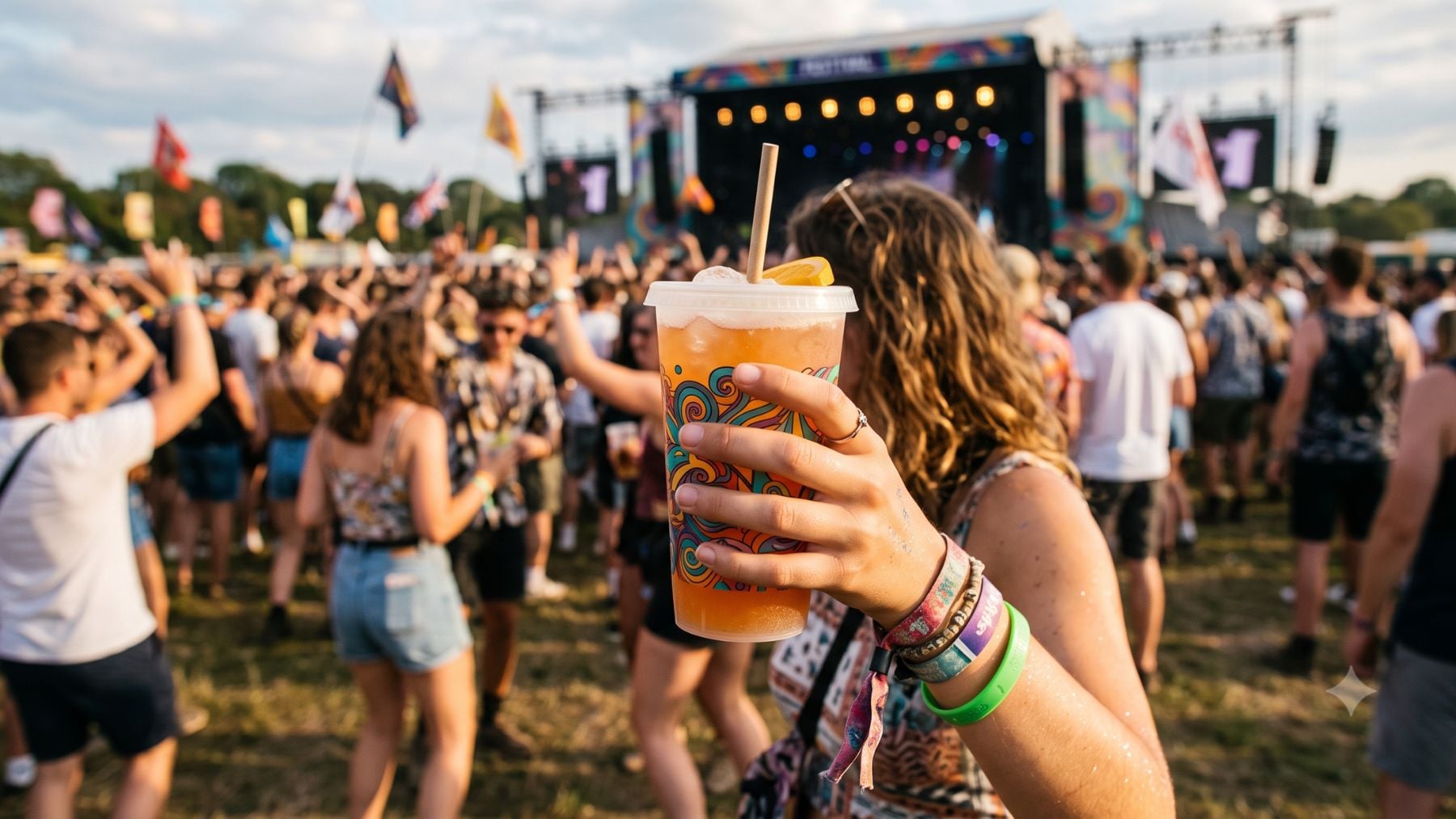 Imagen de un vaso reutilizable en un festival. Imagen generada por IA.