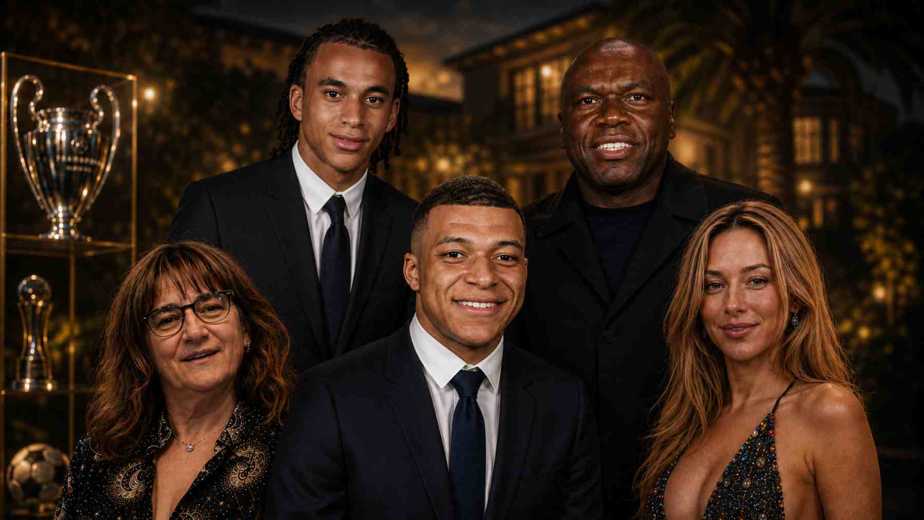 Mbappé junto a varios miembros de su familia y Ester Expósito. (Foto: Real Madrid | COOL)