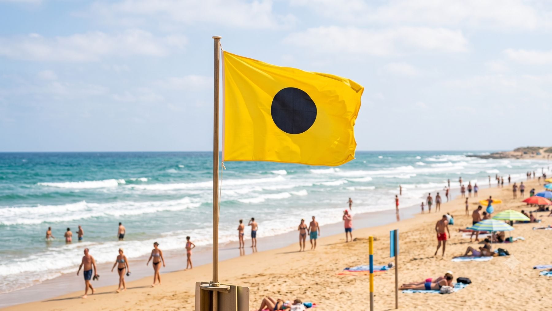 Imagen de la bandera amarilla con un punto negro en la playa . Imagen generada por IA.