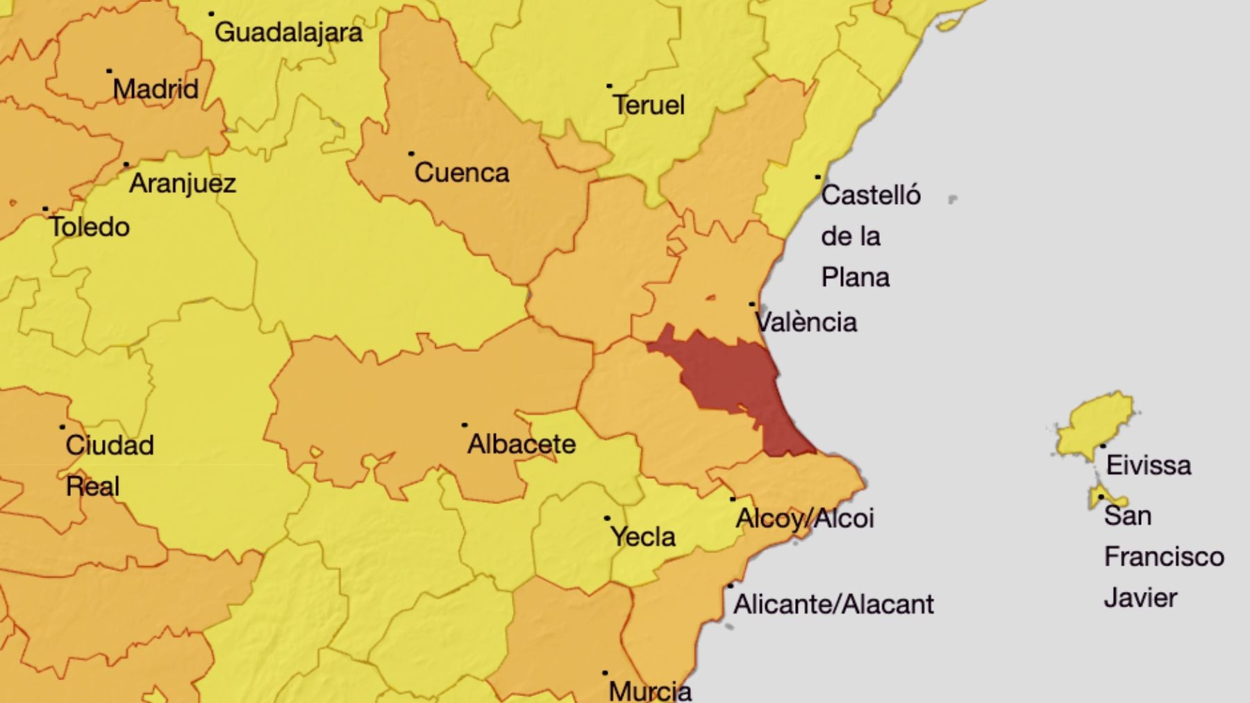 El mapa de alertas en la Comunidad Valenciana. (Foto: AEMET)