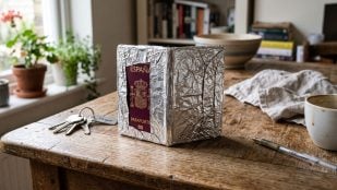 Pasaporte envuelto en aluminio (Imagen hecha con IA)