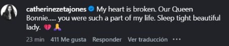 Mensaje de Catherine Zeta-Jones en Instagram tras conocerse la muerte de Bonnie Tyler (Instagram).