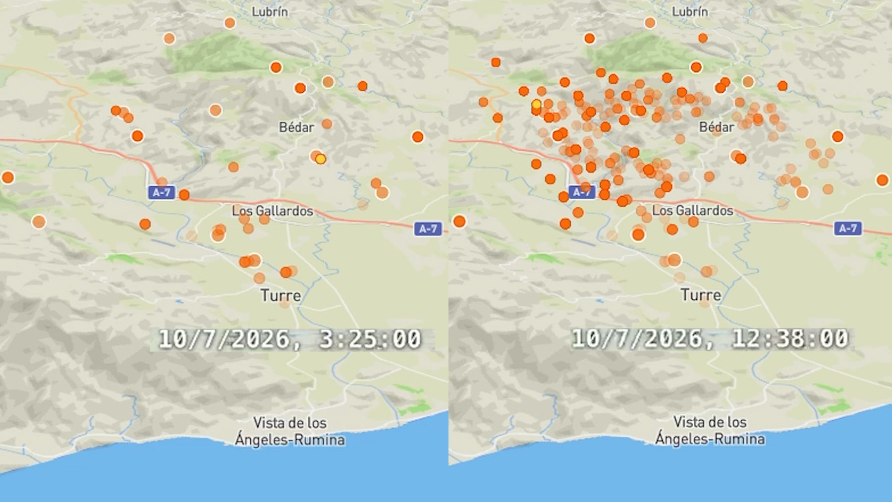 Así se propagó el incendio de Los Gallardos durante las primeras 18 horas