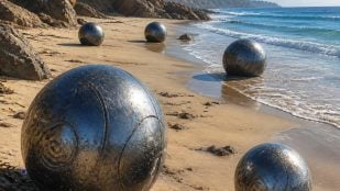 Esferas metálicas en una playa australiana