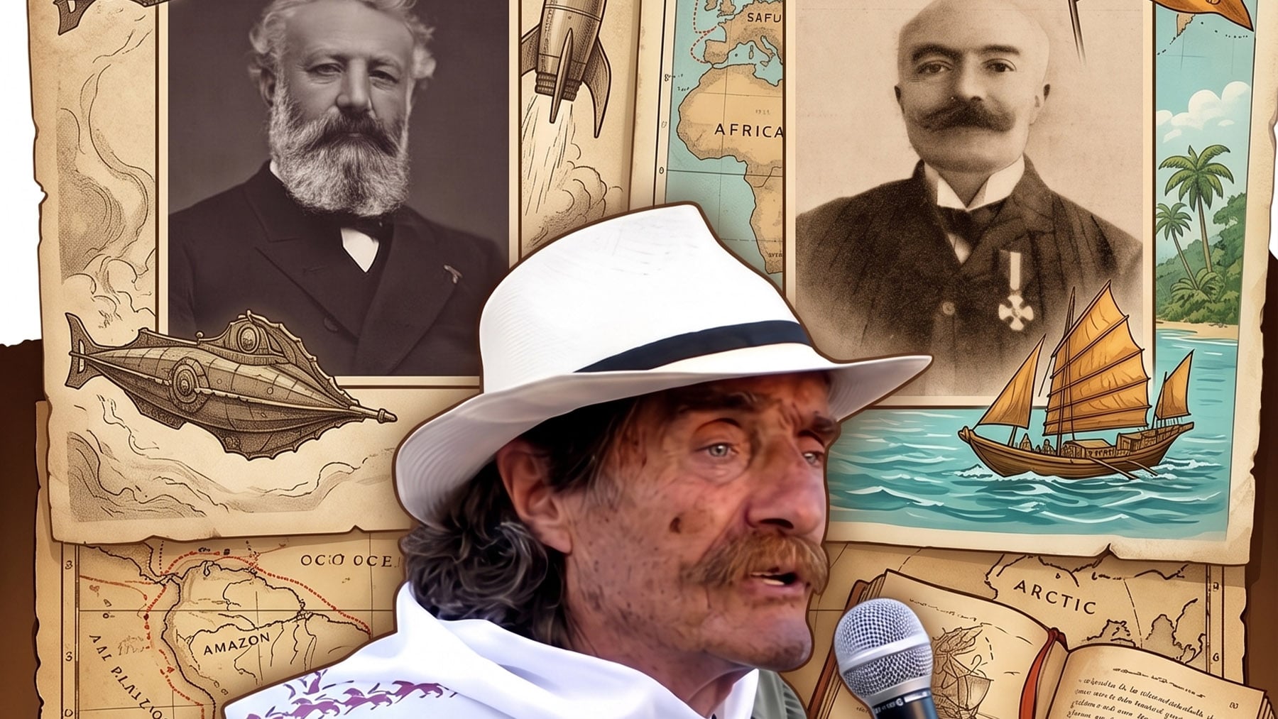 Collage de Miguel de la Quadra-Salcedo, Julio Verne y Emilio Salgari. Foto: ilustración propia con imagenes de Wikimedia Commons.