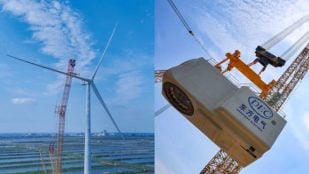 Dongfang Electric Corporation completó con éxito la instalación de la turbina eólica marina de 26 megavatios, la más grande del mundo, en la Base de Innovación para Pruebas y Certificación de Equipos de Energía Eólica Marina de Dongying. [Foto/sasac.gov.cn]