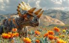 Representación de un dinosaurio triceratops extinto en su hábitat natural con flores. Foto: Freepik