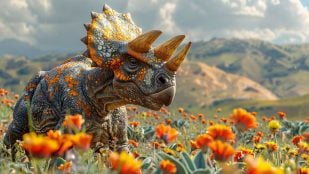 Representación de un dinosaurio triceratops extinto en su hábitat natural con flores. Foto: Freepik