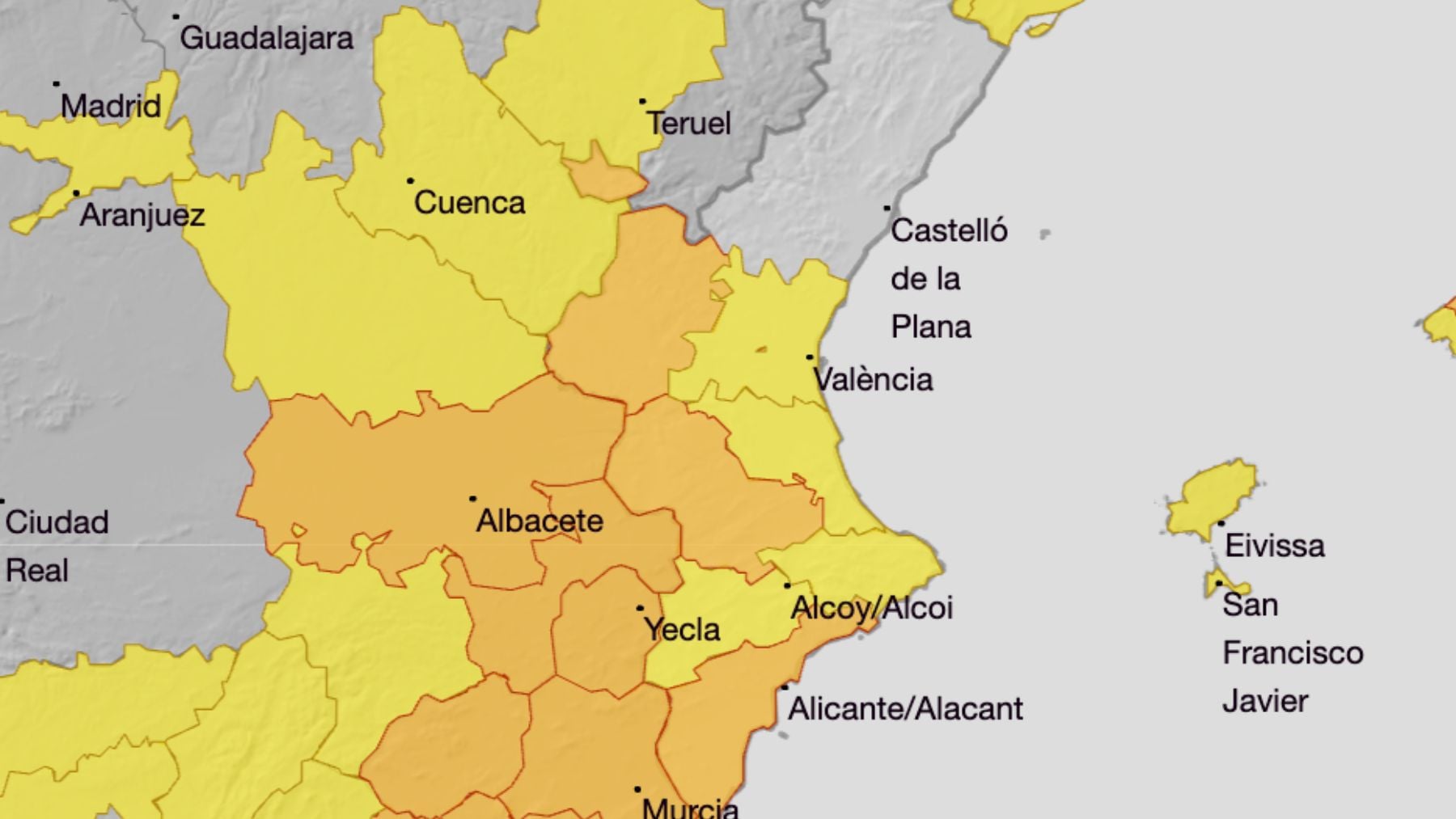 Mapa de alertas en la Comunidad Valenciana. (Foto: AEMET)